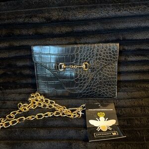 Antthony Black Croc-Embossed Gold Chain Shoulder Clutch